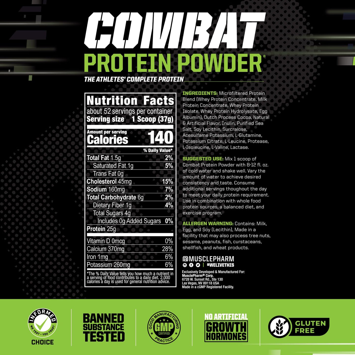 MusclePharm Combat Protein Powder, Chocolate Milk Flavor, Fuels Muscles for Productive Workouts, 5 Protein Sources including Whey Protein Isolate & Egg Albumin, Gluten Free, 4.2 lb, 52 Servings - Maple Wellness Supplements