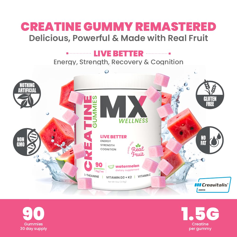 MX Wellness Creatine Monohydrate Gummies for Men & Women – Real Fruit Gummy Supplement for Muscle Growth, Recovery, Longevity, Cognitive Health & Memory – 90 Chews (90 Gummies, Watermelon) - Maple Wellness Supplements