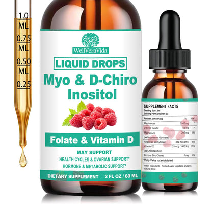 Myo Inositol & D-Chiro Inositol Supplement Liquid for Women- Ideal 40:1 Ratio Inositol Drops with MTHF Folate, Magnesium, Vitamin D, Supports Hormone Balance, Regular Cycles & Ovarian Health丨Vegan - Maple Wellness Supplements