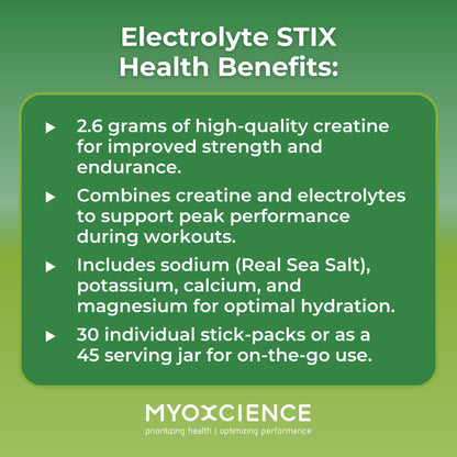MYOXCIENCE Electrolyte STIX | Creatine Electrolyte Powder | Recovery from Exercise & Muscle Development w/Real Salt (Lemon Lime Flavor) (Jar 45 ct) - Maple Wellness Supplements