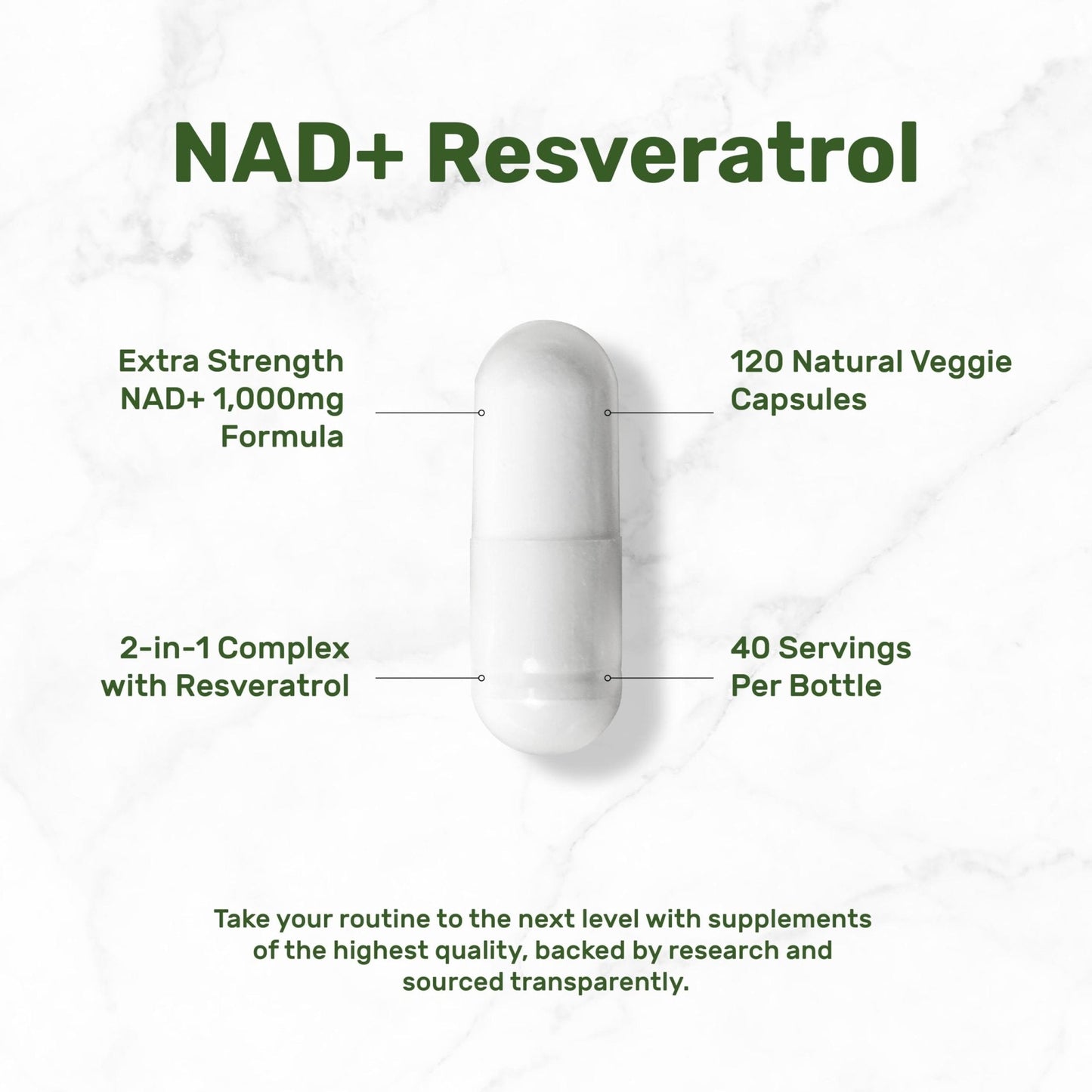 NAD+ Resveratrol Supplement 1,000mg Per Serving, 120 Veggie Capsules | 2-in-1 Extra Strength NMN Supplement Alternative | NAD Supplements for Women & Men | Non-GMO, Gluten Free - Maple Wellness Supplements