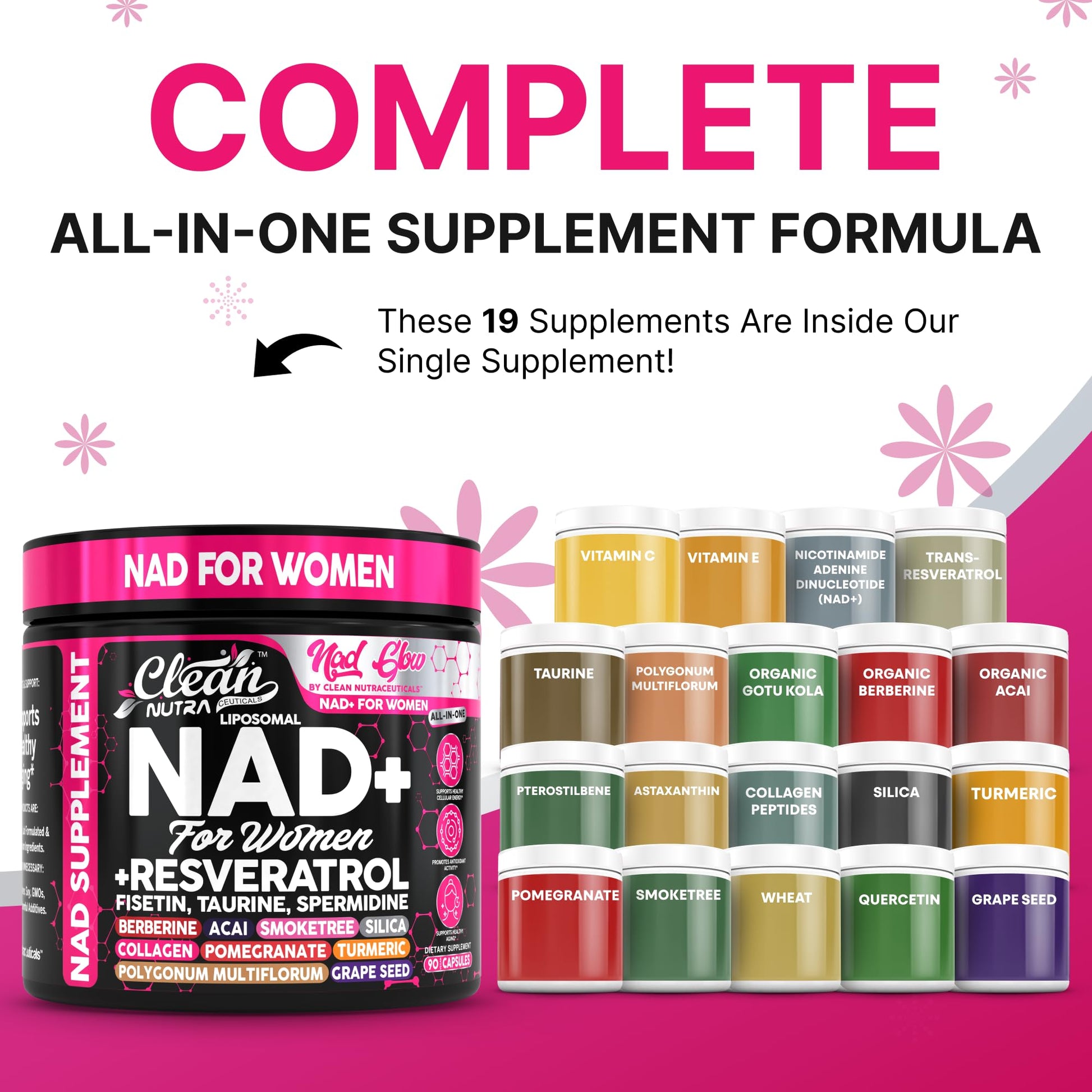 NAD+ Resveratrol Supplement for Women NAD Turmeric Vitamin C Acai Pomegranate Collagen Peptides Nicotinamide Riboside Fisetin Vitamin E Polygonum Multiflorum Berberine 90 Capsules by Clean Nutra - Maple Wellness Supplements