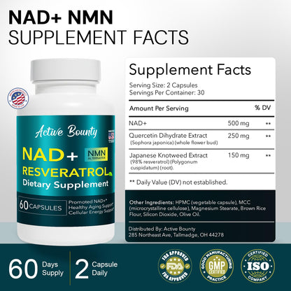 NAD+ Resveratrol Supplement with Quercetin – NMN Alternative for Cellular Energy Support, Focus & Healthy Aging – High Potency 500mg NAD+ Formula, Vegan, Non-GMO, Gluten-Free, Made in USA, 60 Capsules - Maple Wellness Supplements