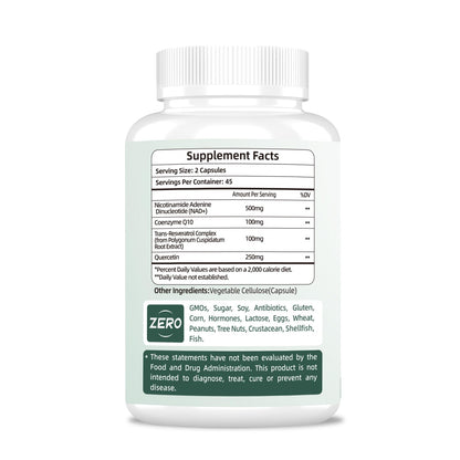 NAD Supplement 500mg, Pure Organic NAD+ Supplement for Women & Men, NAD+ with Trans-Resveratrol & CoQ10 & Quercetin for Cellular Energy & Healthy Aging, NMN Alternative (90 Vegan Caps) - Maple Wellness Supplements