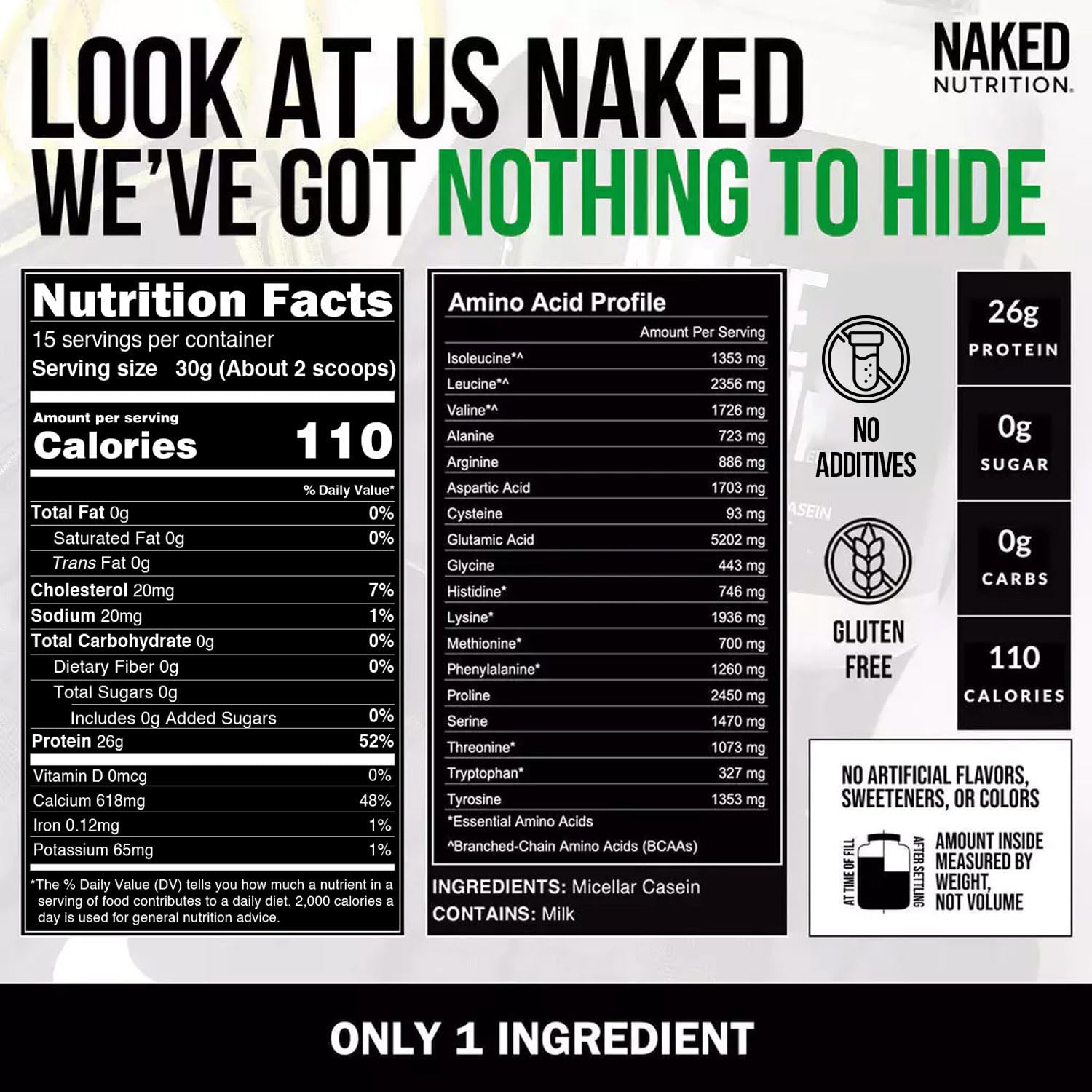 NAKED Casein - 1Lb Micellar Casein Protein - Bulk, Zero Carb, NSF Certified, GMO-Free, Gluten Free, Soy Free, Preservative Free - Stimulate Muscle Growth - Maple Wellness Supplements