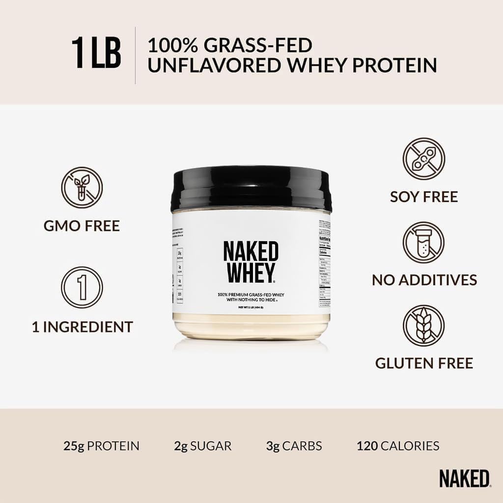 NAKED Whey 1Lb - Only 1 Ingredient, Grass Fed Whey Protein Powder, NSF Certified, Undenatured, No Gmos, No Soy, Gluten Free - Maple Wellness Supplements