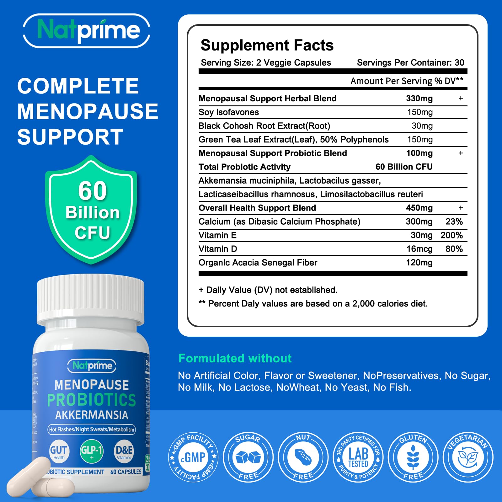 Natprime Menopause Supplements for Women - 60 Billion CFU Akkermansia Probiotic for Hormonal Balance, Night Sweats, Hot Flashes Relief, Gut Health, Mood Support & URO Viginal probiotic - 60 Ct 30 Day - Maple Wellness Supplements