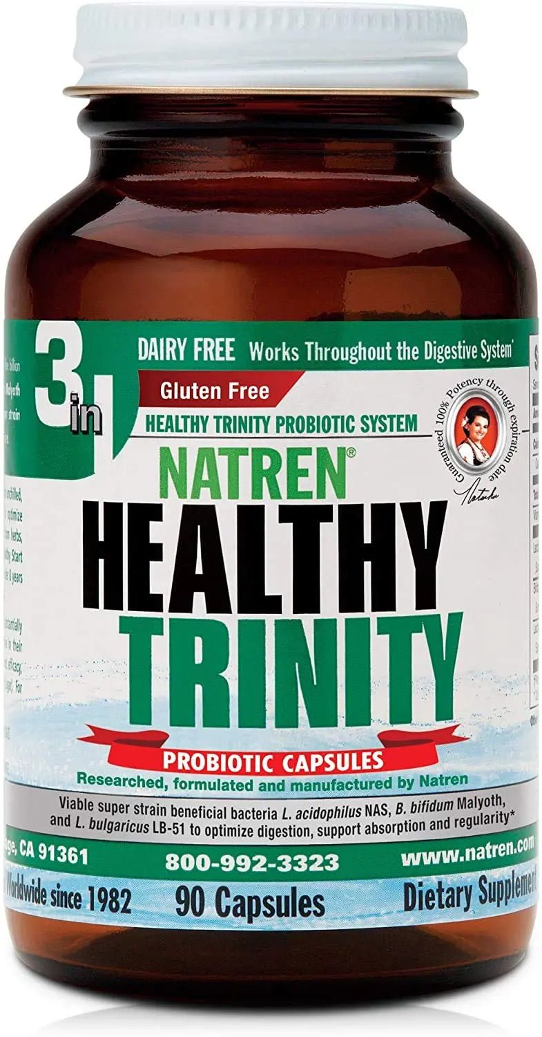 Natren Healthy Trinity Probiotics Supplement - 90 Dairy and Gluten Free Gel Capsules - Improve Gut and Digestive Health, 30 Billion CFU - Lactobacillus Acidophilus, Bifidobacterium, Bulgaricus - Maple Wellness Supplements