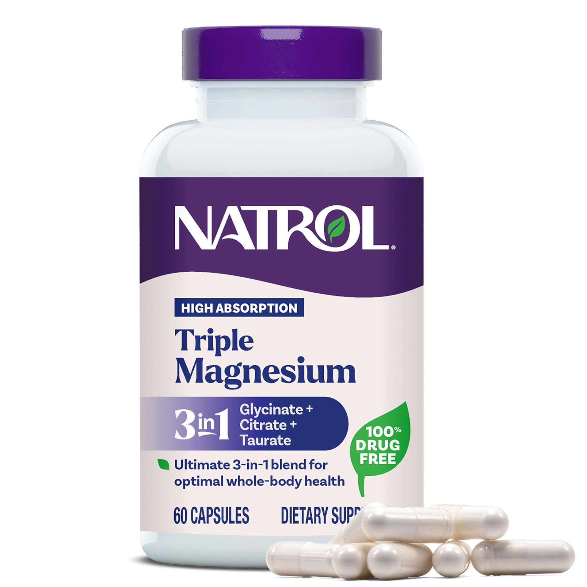 Natrol Triple Magnesium Complex Supplement, Glycinate, Citrate & Taurate 200mg High Absorption, Support Whole Body Wellness, 60 Capsules - Maple Wellness Supplements