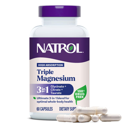 Natrol Triple Magnesium Complex Supplement, Glycinate, Citrate & Taurate 200mg High Absorption, Support Whole Body Wellness, 60 Capsules - Maple Wellness Supplements