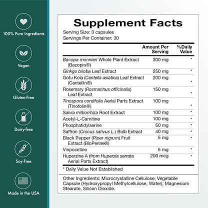 Natura Health Products Vibrant Mind - Brain Supplement for Memory and Focus* - Featuring Bacopa, Ginkgo Biloba, Centellin & Phosphatidylserine - Maple Wellness Supplements