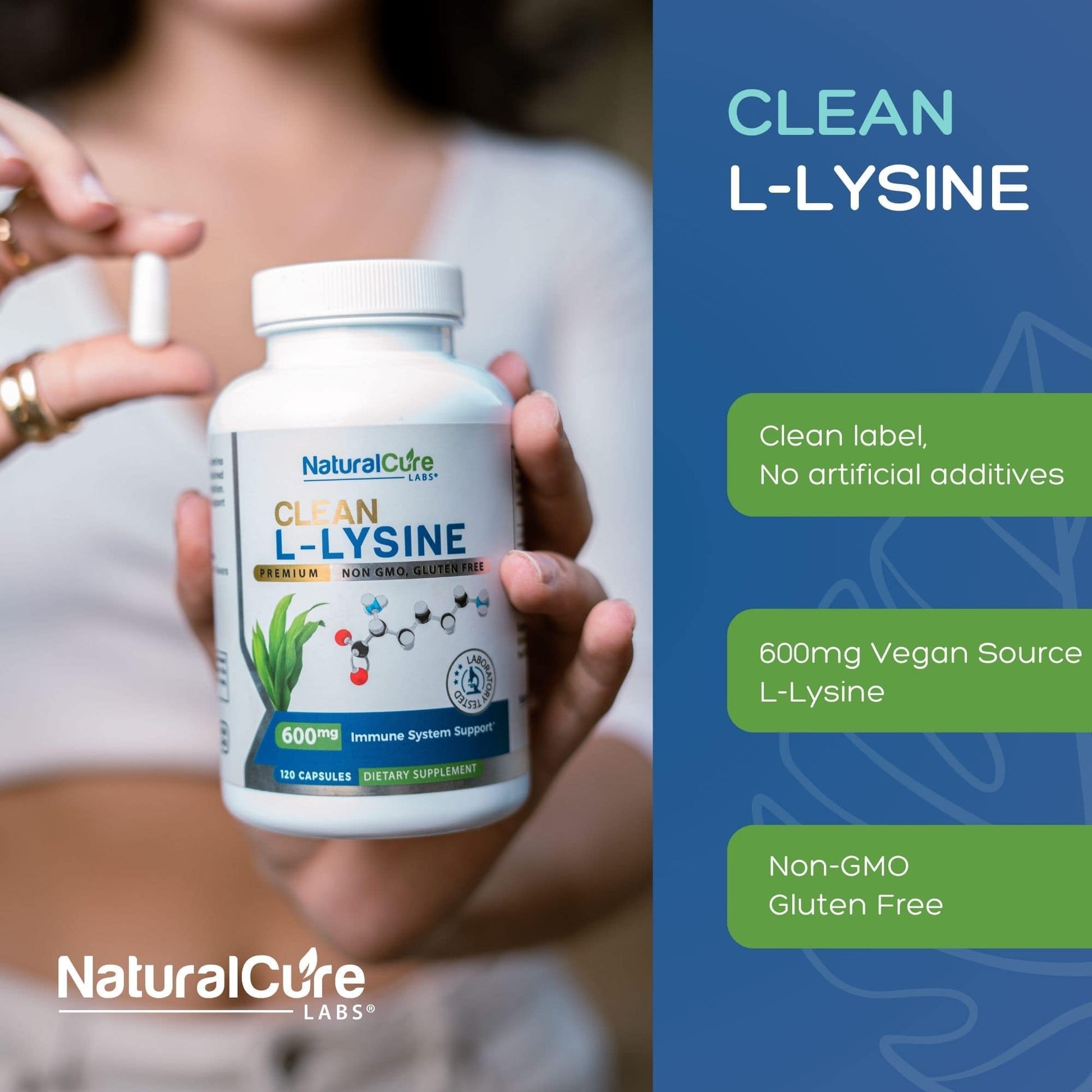 Natural Cure Labs Clean L-Lysine 600mg, 120 Capsules | Vegan, Non-GMO, & Gluten Free - Maple Wellness Supplements