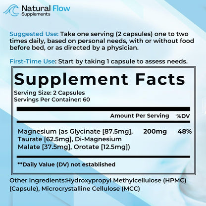 Natural Flow 4X Magnesium Supplement, Magnesium Glycinate, Taurate, Malate, Orotate Complex, Calm Sleep and Cramp Support Blend, No Mag Citrate or Oxide, 120 Capsules - Maple Wellness Supplements