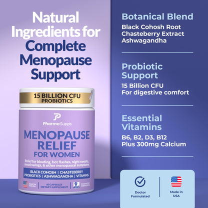 Natural Menopause Supplements for Women - Perimenopause Supplements for Hormonal Balance, Bloating & Mood Swings | Hot Flashes Menopause Relief w/Probiotics & Prebiotics, Black Cohosh & Chasteberry - Maple Wellness Supplements