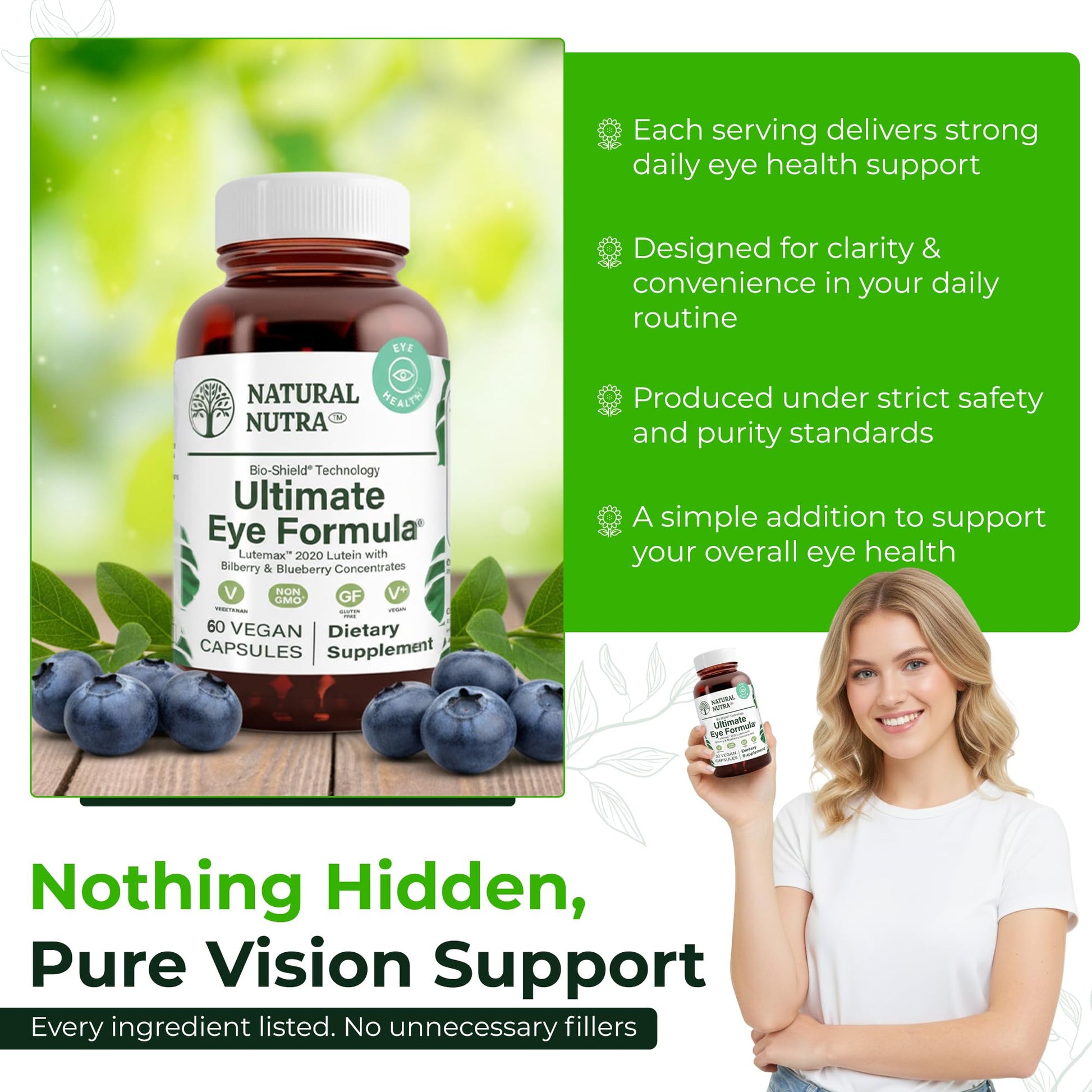 Natural Nutra Ultimate Eye Health Supplement - Bilberry & Blueberry Extract Blend for Day and Night Vision Support, Promotes Color Perception & Eye Clarity - Non-GMO, Vegan - 30 Capsules (Pack of 3) - Maple Wellness Supplements