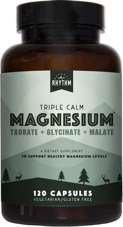 Natural Rhythm Triple Calm Magnesium Complex - 120 Capsules, Chelated Magnesium Glycinate, Taurate & Malate, High Absorption Supplement for Sleep, Stress, Muscle & Heart Support, Non-GMO, Vegan - Maple Wellness Supplements