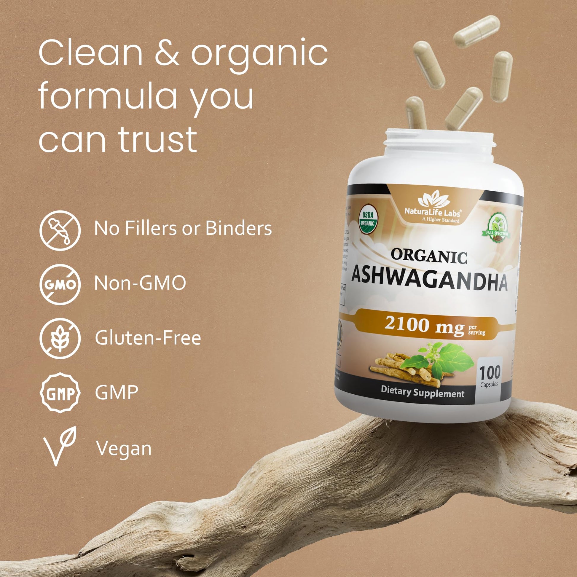 NaturaLife Labs Organic Ashwagandha 2100 mg per Serving – Herbal Supplement Root Powder & Extract – 100 Capsules – Vegan, Non-GMO, Gluten-Free - Maple Wellness Supplements