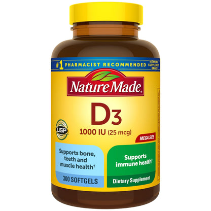 Nature Made Vitamin D3 1000 IU (25 mcg), Vitamin D Supplement for Bone, Teeth, Muscle and Immune Health Support, 300 Softgels, 300 Day Supply - Maple Wellness Supplements