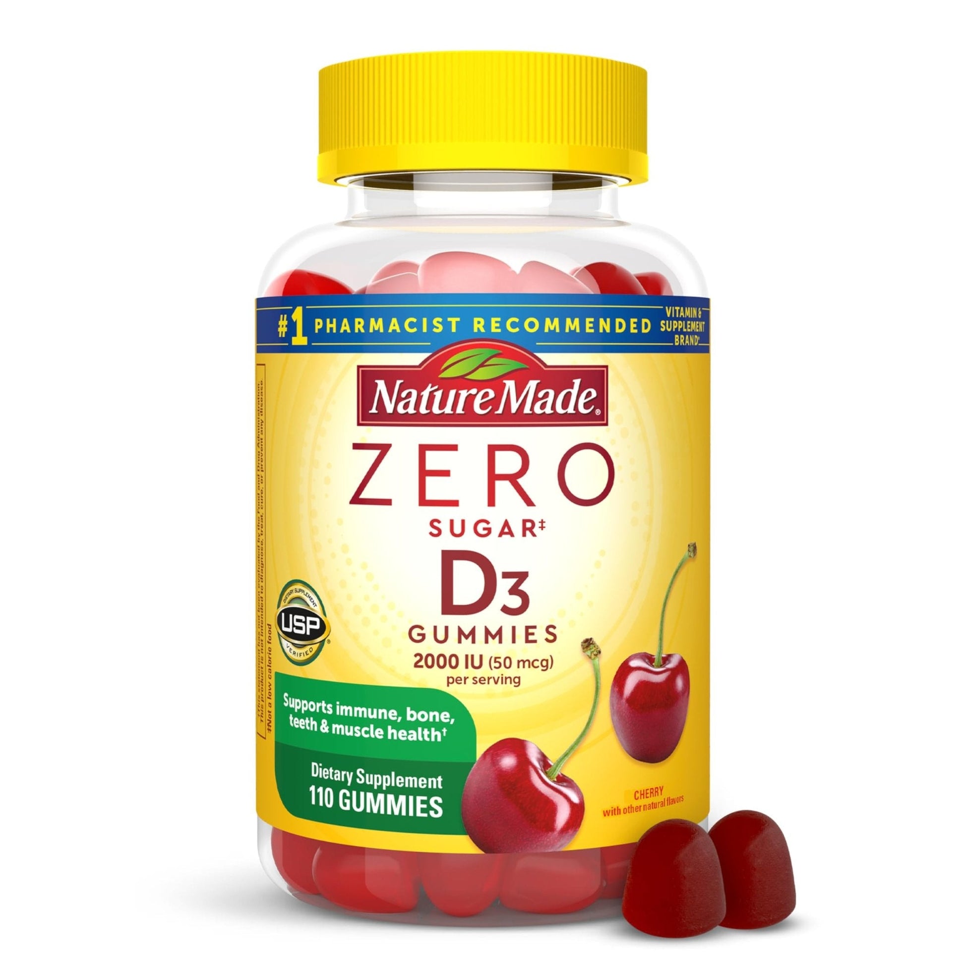 Nature Made Zero Sugar Vitamin D3 Gummies 2000 IU (50 mcg) Per Serving, Bone & Immune Support, Aspartame Free - Maple Wellness Supplements