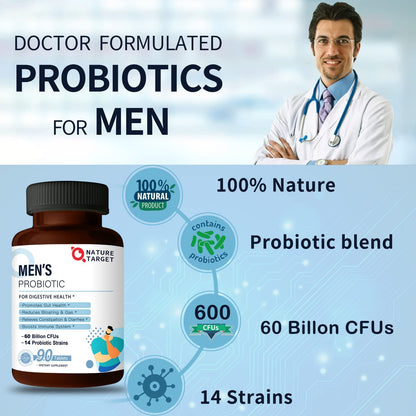 NATURE TARGET Probiotics for Men with Men Care Supplement, Prebiotics & Probiotic for Men's Digestive and Immune Health,60 Billion CFUs & 14 Strains Shelf Stable, - Maple Wellness Supplements