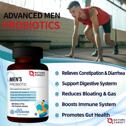 NATURE TARGET Probiotics for Men with Men Care Supplement, Prebiotics & Probiotic for Men's Digestive and Immune Health,60 Billion CFUs & 14 Strains Shelf Stable, - Maple Wellness Supplements