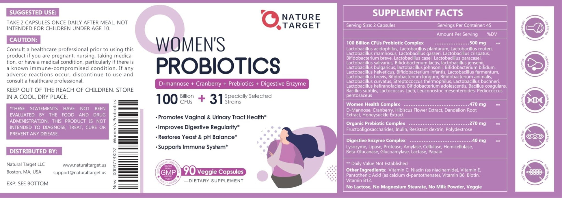 NATURE TARGET Probiotics for Women, 100 Billion CFUs Probiotic with Digestive Enzymes & Prebiotics, Vaginal Probiotics with Cranberry for Urinary Tract Health - Maple Wellness Supplements