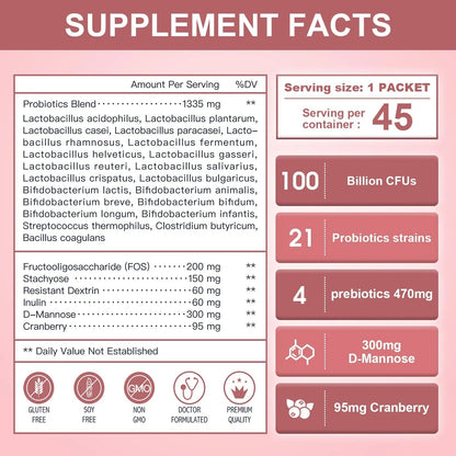 NATURE TARGET Probiotics-for-Women Prebiotics-and-Probiotics-Powder, 100-Billion-CFUs 45-Day-Supply, Women's-Probiotic with D-Mannose and Cranberry for Urinary Tract/Gut/Digestive Health - Maple Wellness Supplements