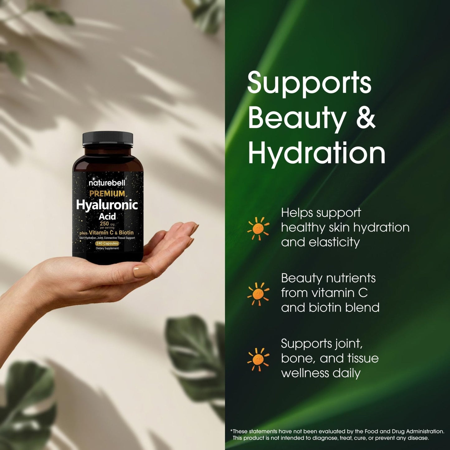 NatureBell Hyaluronic Acid 250mg - 240 Capsules - 250mg Hyaluronic Acid, 5000mcg Biotin & 25 mg Vitamin C - Supports Skin - Maple Wellness Supplements