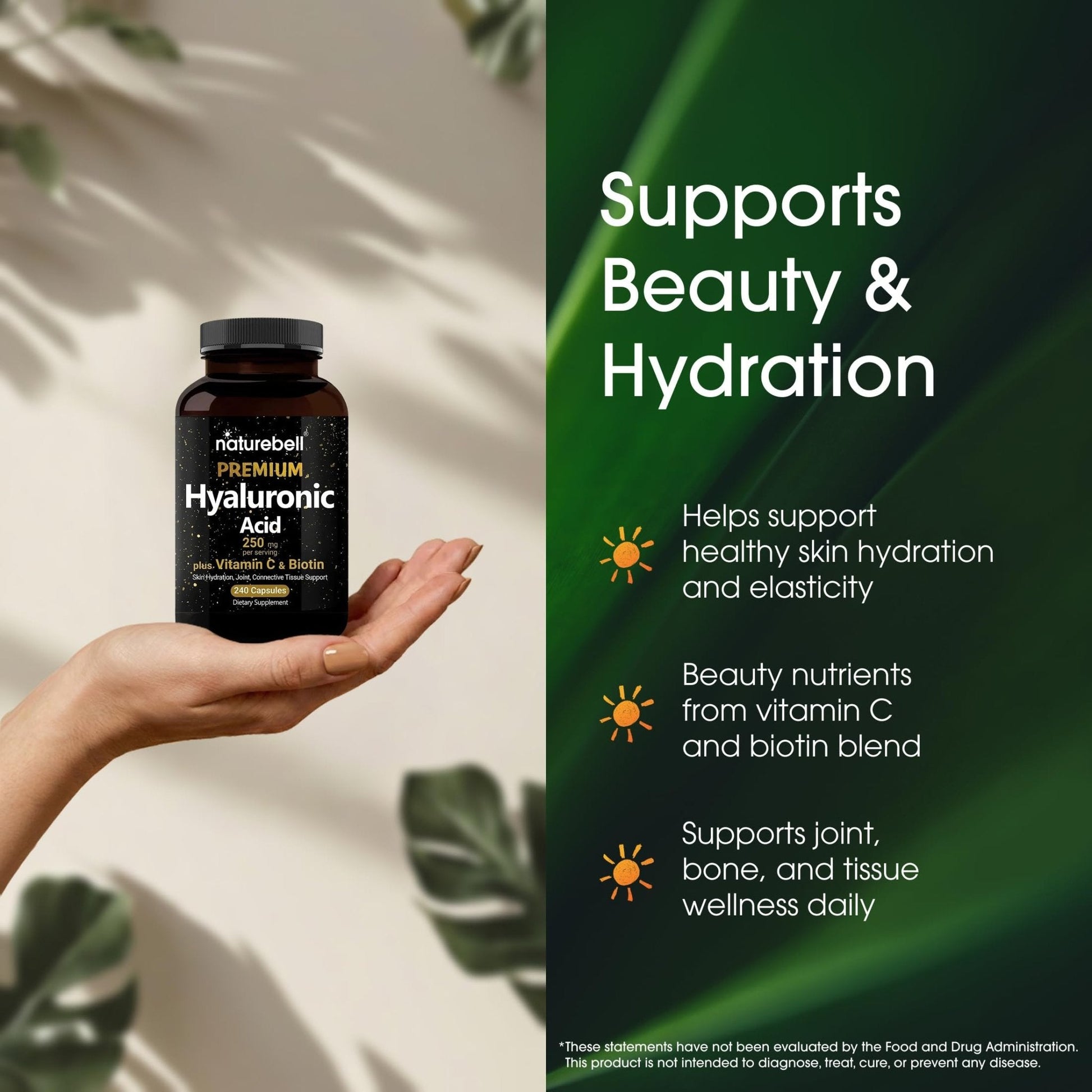 NatureBell Hyaluronic Acid 250mg - 240 Capsules - 250mg Hyaluronic Acid, 5000mcg Biotin & 25 mg Vitamin C - Supports Skin - Maple Wellness Supplements