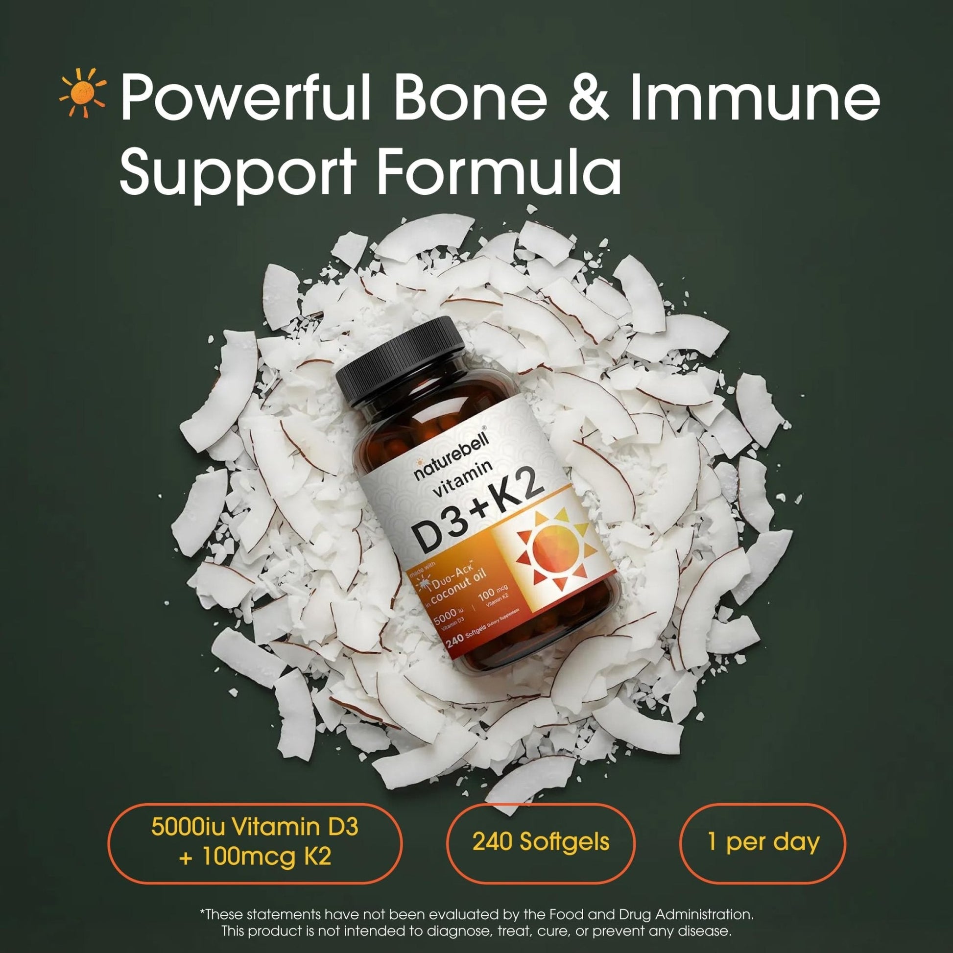NatureBell Vitamin D3 K2-240 Softgels - 5,000 IU Vitamin D3 & 100mcg Vitamin K2 MK-7 - with Virgin Coconut Oil - Bone, Heart & Immune Health Support - Maple Wellness Supplements