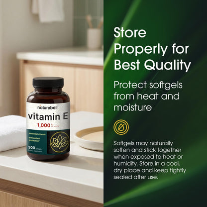 NatureBell Vitamin E 1,000 IU Per Serving - 300 Softgels - Antioxidant Supplement for Skin, Heart & Brain Health Support - Maple Wellness Supplements