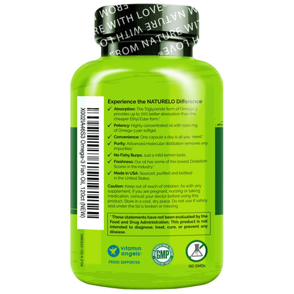 NATURELO Burpless Omega 3 Fish Oil Supplement - 1100mg Triglyceride Omega-3, EPA + DHA, Liquid Fish Oil for Heart, Eye, Brain, Joint Health - Maple Wellness Supplements
