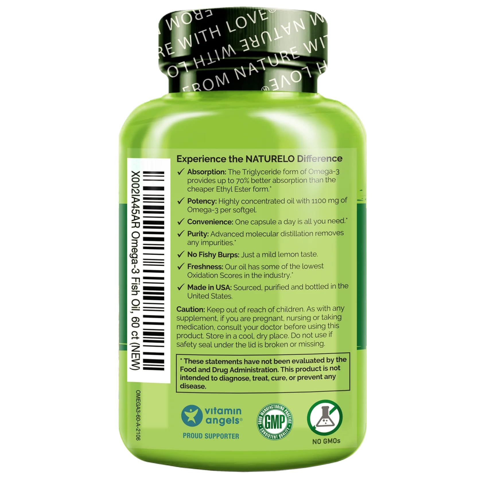 NATURELO Burpless Omega 3 Fish Oil Supplement - 1100mg Triglyceride Omega-3, EPA + DHA, Liquid Fish Oil for Heart, Eye, Brain, Joint Health - Maple Wellness Supplements