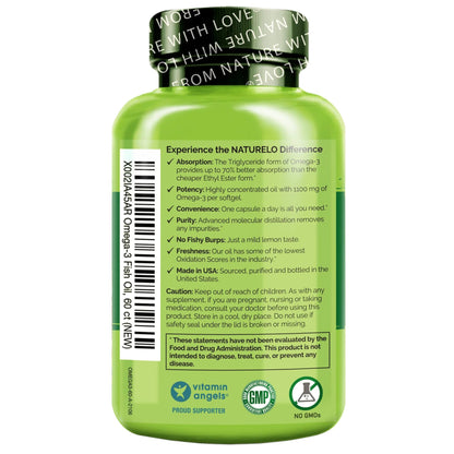 NATURELO Burpless Omega 3 Fish Oil Supplement - 1100mg Triglyceride Omega-3, EPA + DHA, Liquid Fish Oil for Heart, Eye, Brain, Joint Health - Maple Wellness Supplements