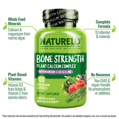 NATURELO Calcium Supplement - with Vitamin C, Vitamin D3, K2, and Calcium Magnesium Zinc for Bone Strength with Calcium 600mg - Plant-Based, 120 Vegetarian Capsules - Maple Wellness Supplements