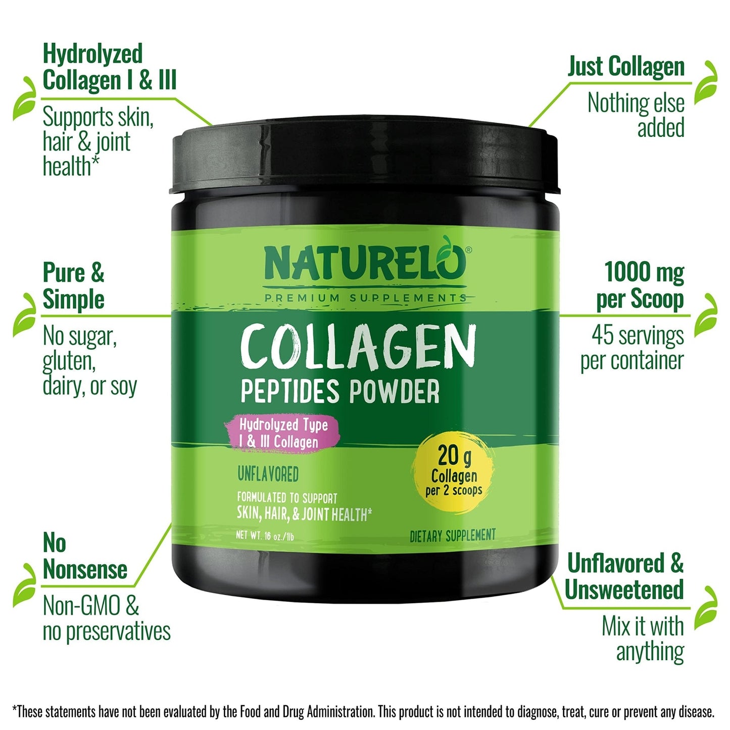 NATURELO Collagen Peptide Powder, Hydrolyzed Collagen Type I & III, Skin Hair & Joint Health - Unflavored, 16 Ounces | 45 Servings - Maple Wellness Supplements