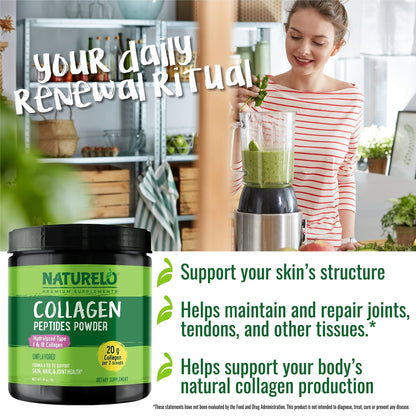 NATURELO Collagen Peptide Powder, Hydrolyzed Collagen Type I & III, Skin Hair & Joint Health - Unflavored, 16 Ounces | 45 Servings - Maple Wellness Supplements