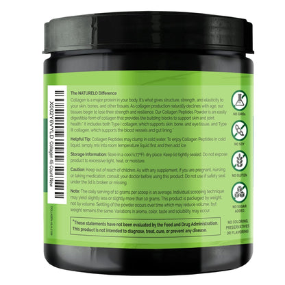 NATURELO Collagen Peptide Powder, Hydrolyzed Collagen Type I & III, Skin Hair & Joint Health - Unflavored, 16 Ounces | 45 Servings - Maple Wellness Supplements
