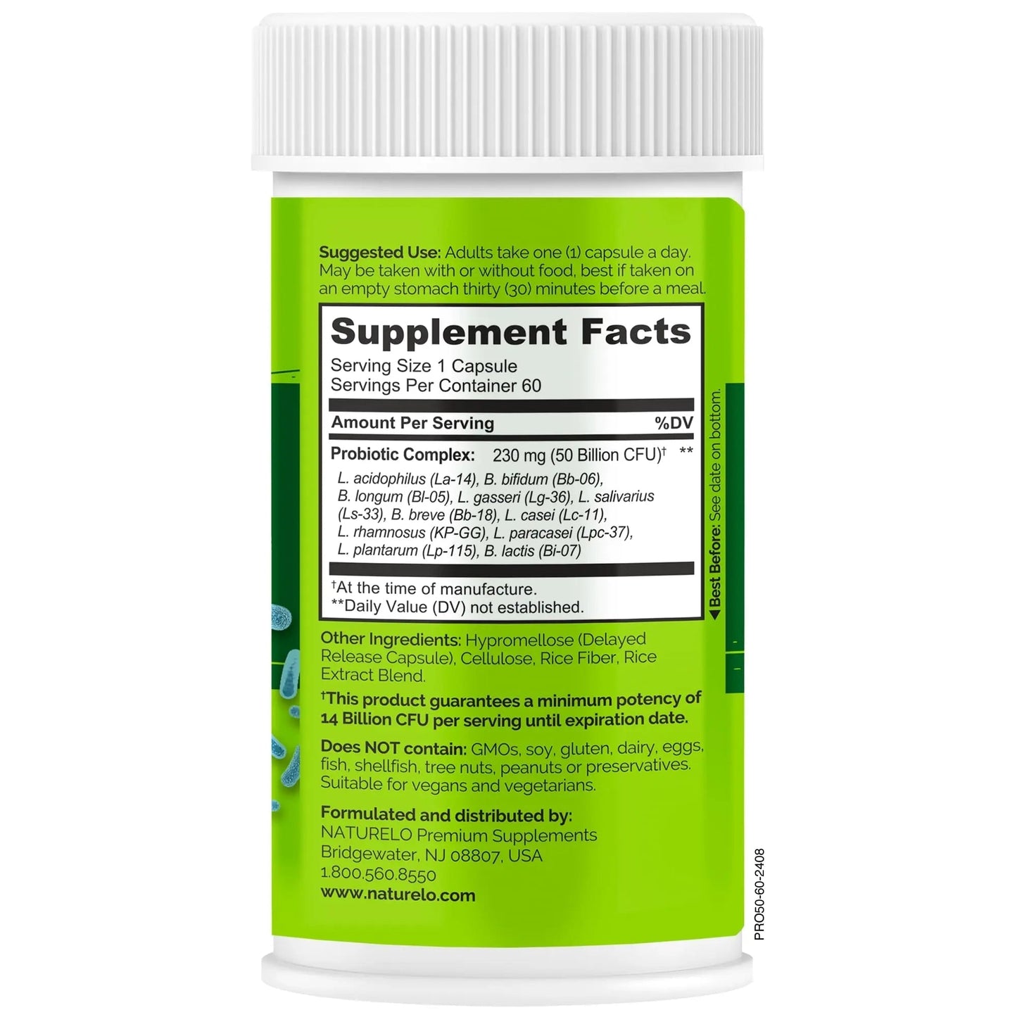 NATURELO Probiotics for Digestive Health, 50 Billion CFU, 60 Vegetarian Capsules, 11 Strains, Daily Use Supplement, Delayed Release, No-Fridge, Boosts Immune System, Probiotics for Women & Men - Maple Wellness Supplements