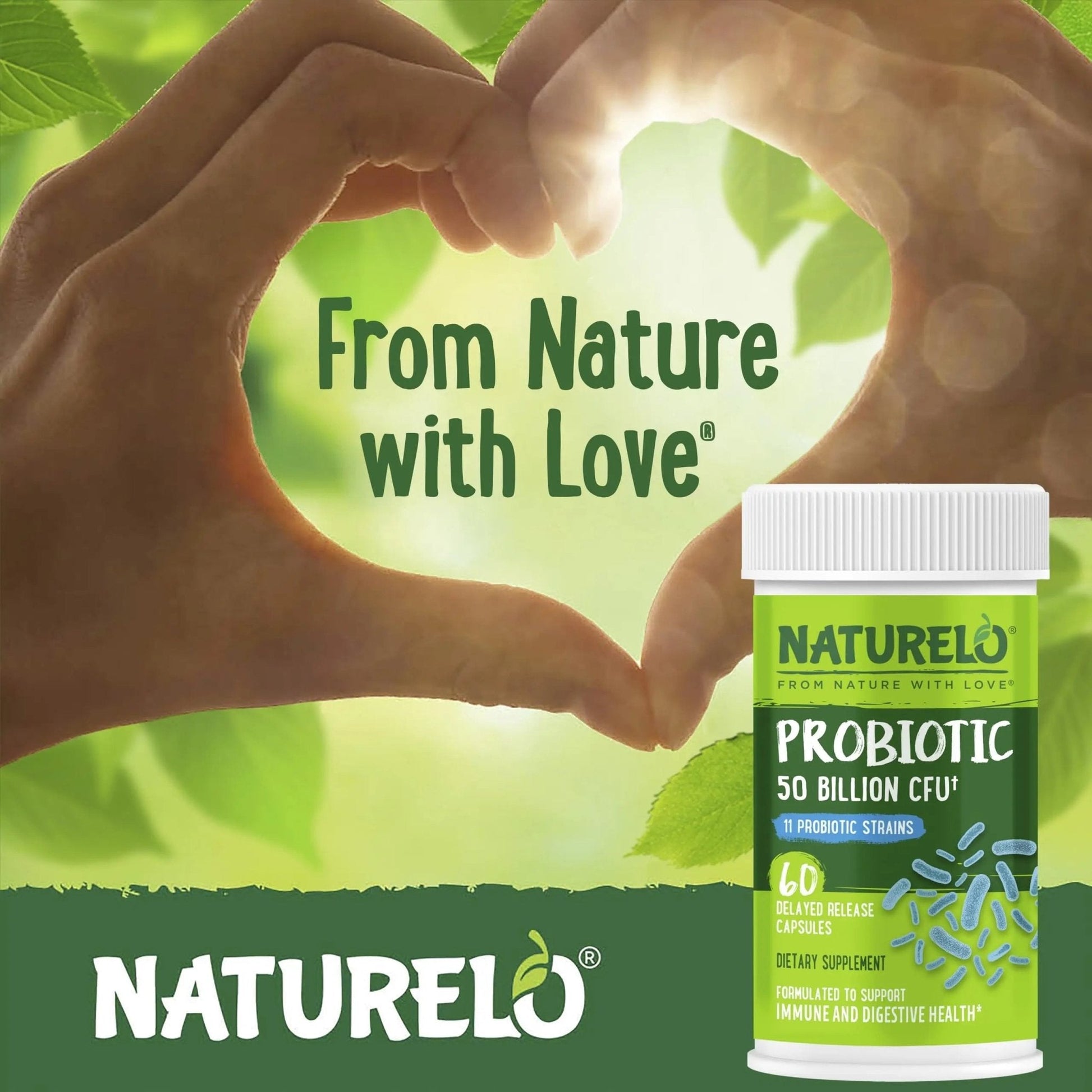 NATURELO Probiotics for Digestive Health, 50 Billion CFU, 60 Vegetarian Capsules, 11 Strains, Daily Use Supplement, Delayed Release, No-Fridge, Boosts Immune System, Probiotics for Women & Men - Maple Wellness Supplements