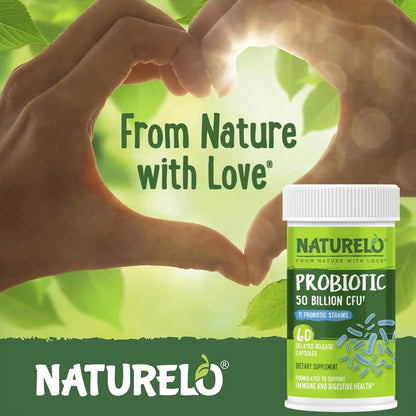 NATURELO Probiotics for Digestive Health, 50 Billion CFU, 60 Vegetarian Capsules, 11 Strains, Daily Use Supplement, Delayed Release, No-Fridge, Boosts Immune System, Probiotics for Women & Men - Maple Wellness Supplements
