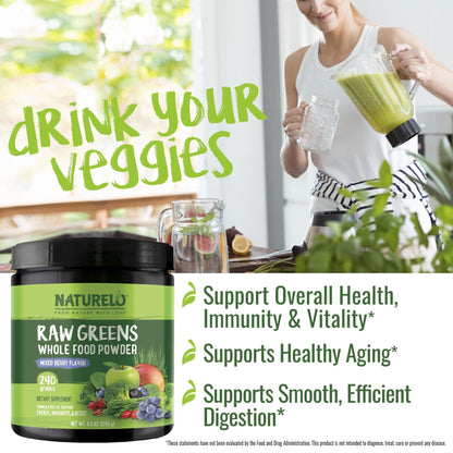NATURELO Raw Greens Superfood Powder 240 Grams, Mixed Berry - Supports Energy, Immunity and Detox - Includes Spirulina, Wheat Grass and Organic Greens for Whole Food Nutrition - Maple Wellness Supplements