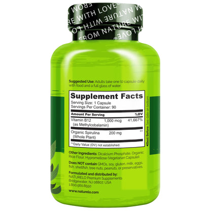 NATURELO Vegan B12 - Methyl B12 with Organic Spirulina - High Potency Vitamin B12 1000 mcg Methylcobalamin - Supports Healthy Mood - Maple Wellness Supplements