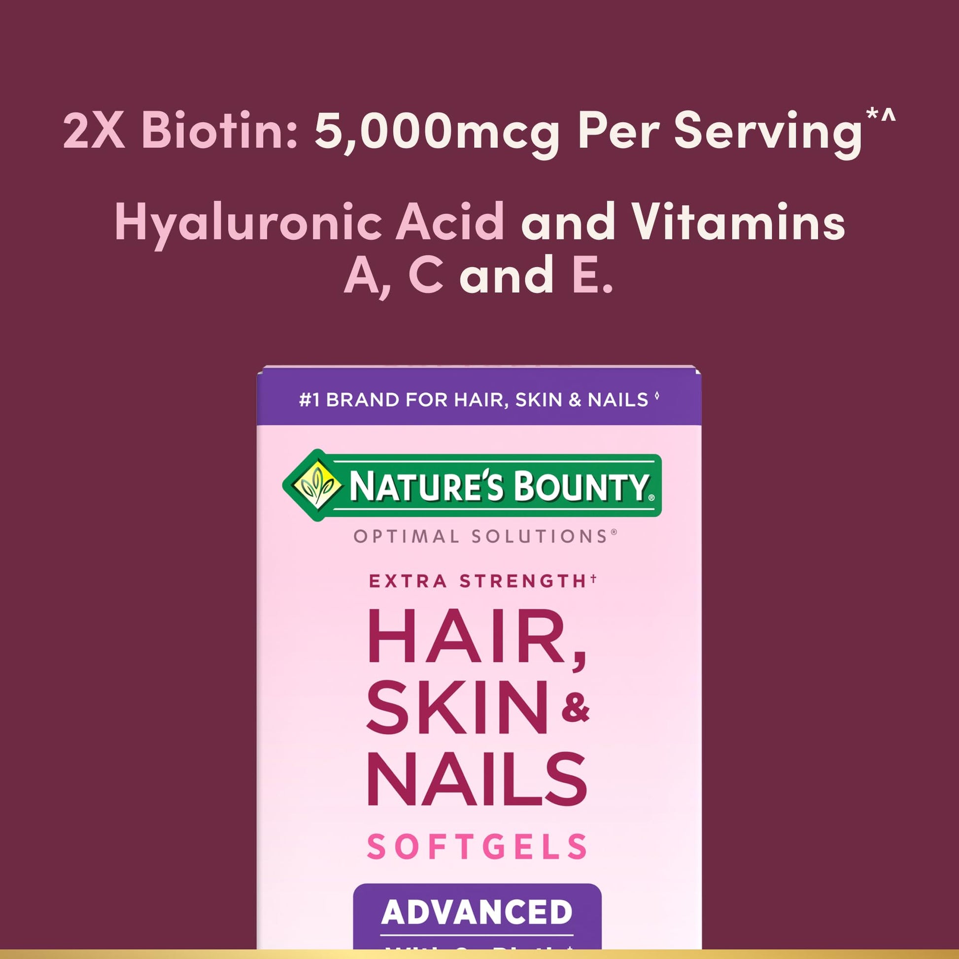 Nature's Bounty Advanced Hair, Skin & Nails, Argan-Infused Vitamin Supplement with Biotin and Hyaluronic Acid, 150 Rapid Release Softgels, 50 Total Servings - Maple Wellness Supplements