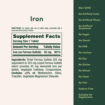 Nature’s Bounty Iron 65mg, 325 mg Ferrous Sulfate, Cellular Energy Support, Promotes Normal Red Blood Cell Production - Maple Wellness Supplements