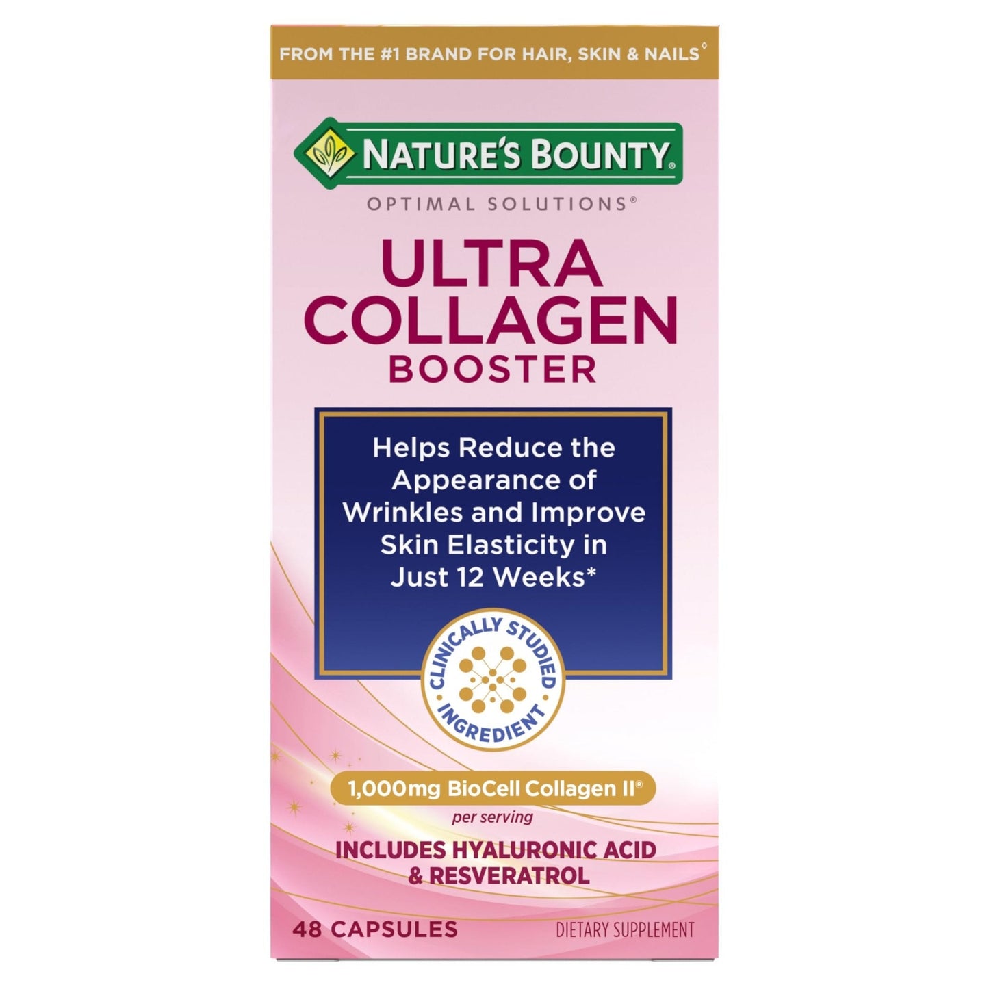 Nature’s Bounty Optimal Solutions Ultra Collagen Booster for Healthy-Aging Supplement, Resveratrol, Hyaluronic Acid – Collagen Capsules for Women, 48 Capsules - Maple Wellness Supplements