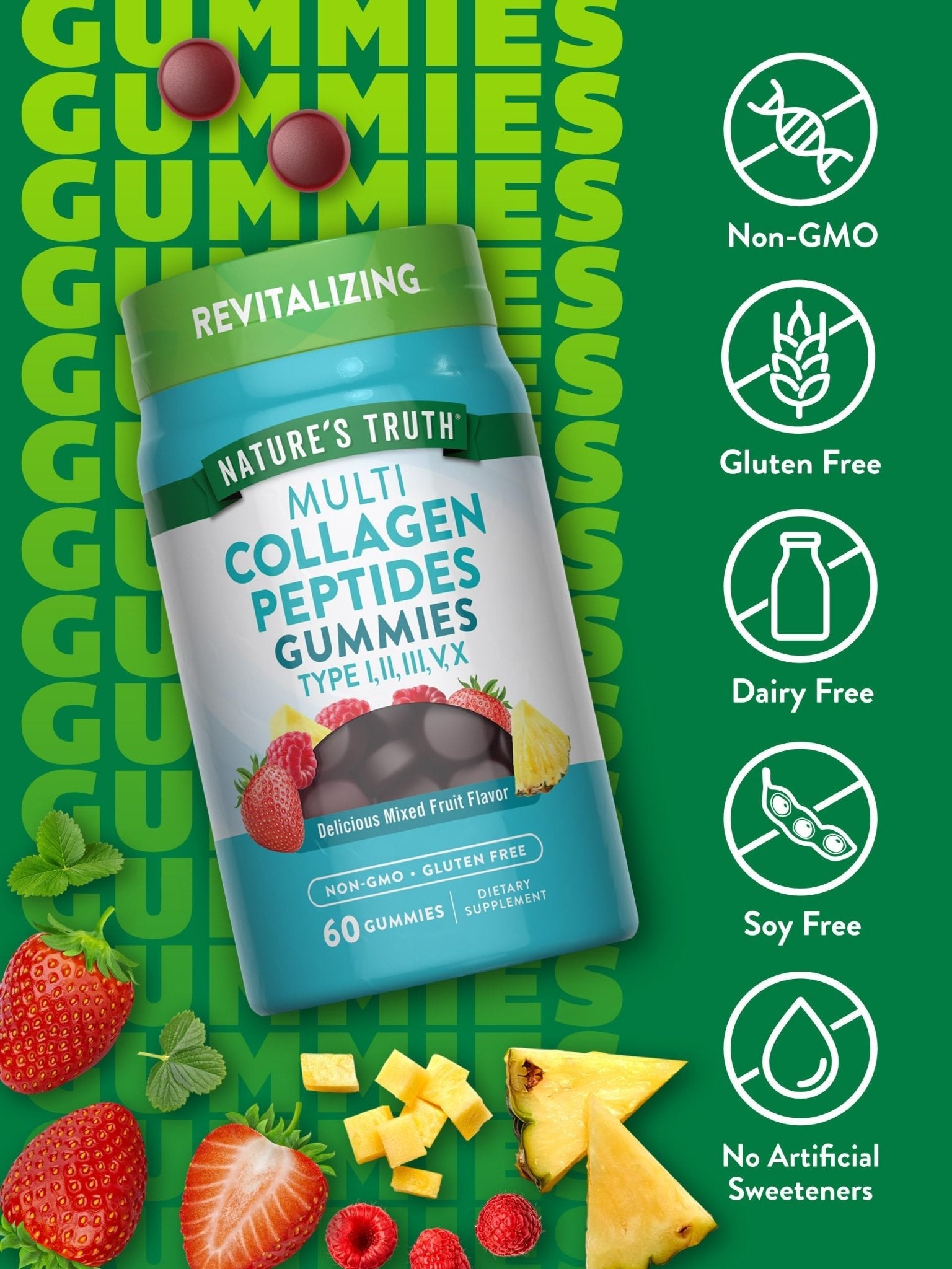 Nature's Truth Multi Collagen Gummies | Type I, II, III, V, X | 60 Count | Non-GMO & Gluten Free Complex Supplement | Mixed Fruit Flavor - Maple Wellness Supplements