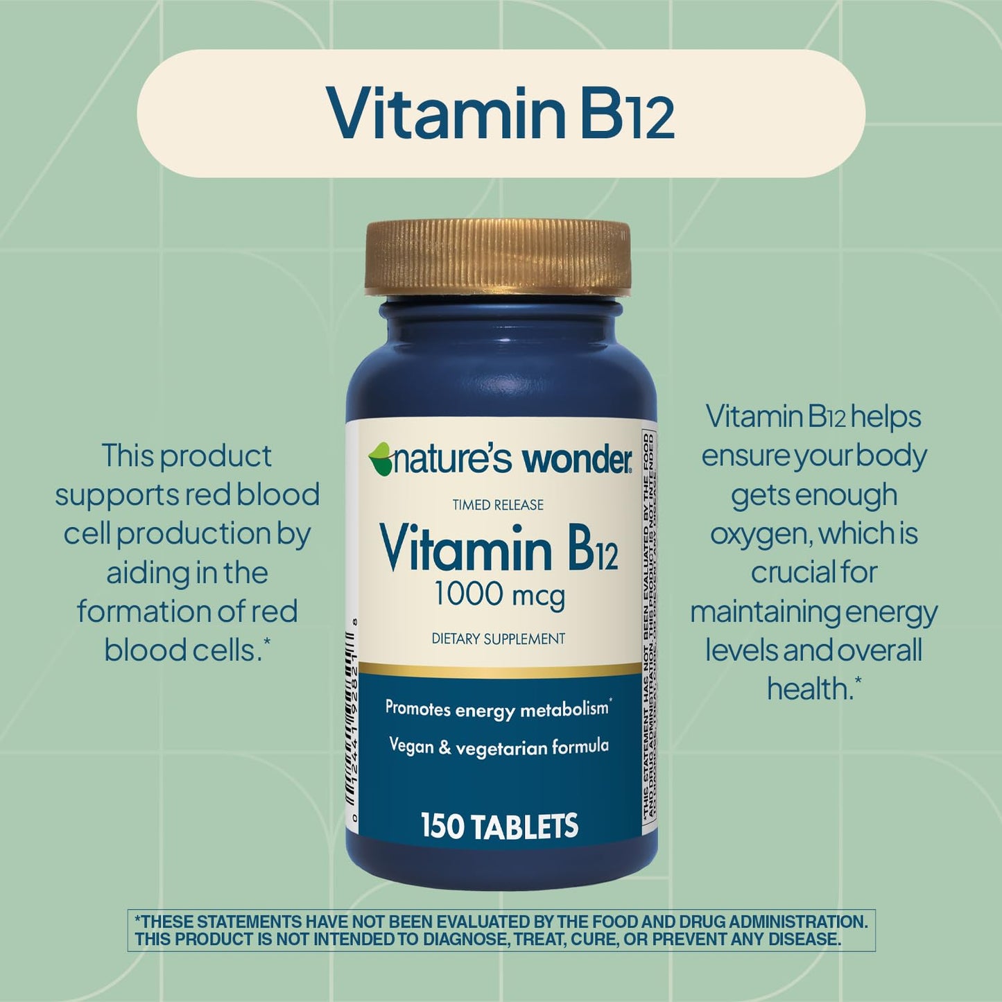 Nature's Wonder Vitamin B12 1000 mcg Timed Release Tablets for Energy Metabolism, Supports Brain Health and Nervous System Health - Maple Wellness Supplements