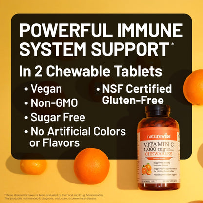 NatureWise Extra Strength Vitamin C Chewable 1000mg for Adults - Natural Orange Flavor - Immune System & Antioxidant Support - Non-GMO - Maple Wellness Supplements