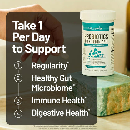 NatureWise Probiotics 60 Billion CFU - 17 Strains + Organic Prebiotics - Immune, Digestive & Gut Health Support for Women & Men - Vegetarian, Gluten-Free, Non-GMO - 30 Capsules[1-Month Supply] - Maple Wellness Supplements